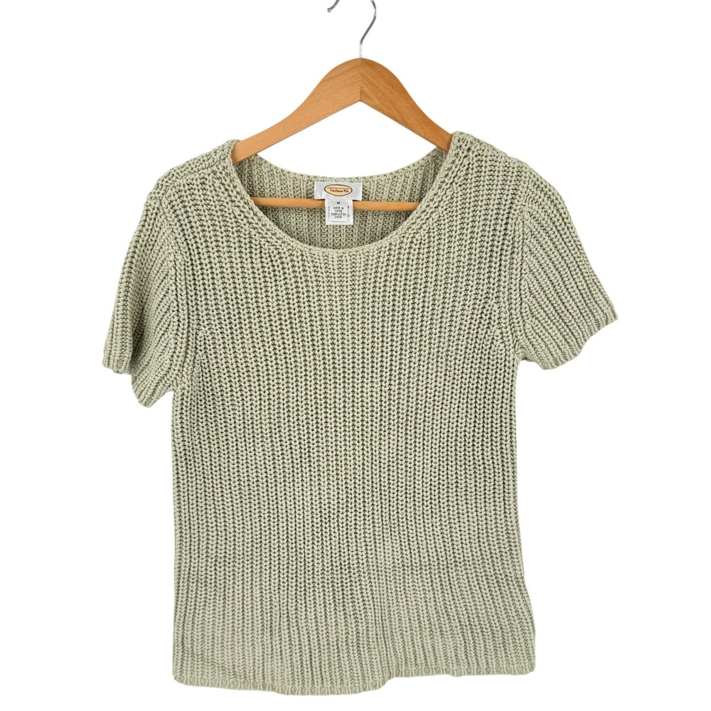 Vintage Talbots Knit Sweater Top Sage Green Medium Silk Short Sleeve Chunky Knit